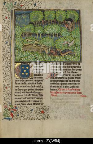 A Hunter and Dogs Inseguing Reindeer; Livre de la Chasse, circa 1430-1440. Libro medievale sulla caccia. Foto Stock