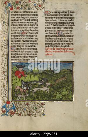 A Hunter and Dogs Inseguing a Hare; Livre de la Chasse, circa 1430-1440. Libro medievale sulla caccia. Foto Stock