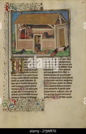 Un cacciatore che frequenta cani in canne; Livre de la Chasse, circa 1430-1440. Libro medievale sulla caccia. Foto Stock