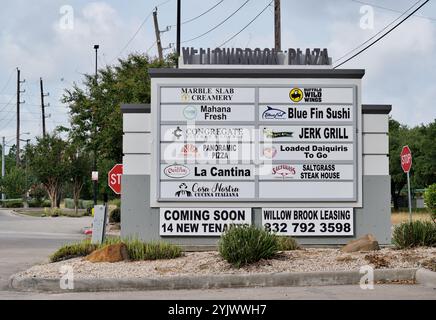 Houston, Texas USA 07-04-2023: Cartelli commerciali locali per il centro commerciale Willowbrook Plaza, cartellonistica pubblicitaria. Foto Stock