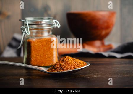 Cucchiaio di miscela di spezie Berbere fatte in casa da vicino: Vista laterale del composto di spezie dell'Africa orientale in un cucchiaio con vaso di vetro e mortaio e pestello nelle vicinanze Foto Stock