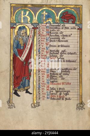 Micah; Salterio, circa 1240-1250. Informazioni aggiuntive: I Salteri, come la maggior parte dei libri devozionali, generalmente si aprono con un calendario che indica i giorni in cui si celebrano le festività religiose. Nella parte superiore di questa pagina, le lettere d'oro KL, con una linea orizzontale sulla L come segno di abbreviazione, stanno per kalendarium (calendario). Il gambero a destra rappresenta il segno zodiacale del cancro e identifica il mese come giugno. Il profeta dell'Antico Testamento Micah si trova a sinistra, con un rotolo con una citazione del Libro di Micah nell'Antico Testamento. A destra ci sono i giorni del mese e i santi Foto Stock