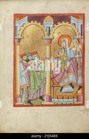 L'Adorazione dei Magi; Benedictional, circa 1030-1040. Ulteriori informazioni: L'Adorazione dei Magi da questa benedizione di Ratisbona introduce la festa dell'Epifania il 6 gennaio. Questa festa commemora la visita dei tre saggi dall'Oriente al neonato Gesù. Da un lato i tre Magi si ergono contro una terra d'oro, offrendo i loro doni in contenitori che potrebbero essere stati destinati ad alludere alla futura consacrazione del vino e del pane nell'Eucaristia. Sopra le loro teste si innalza la stella che li ha guidati verso Gesù, disegnata in rosso sul terreno d'oro. Sull'altro lato della colonna centrale Foto Stock