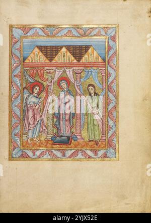 L'Annunciazione; Sacramentario, circa 1025-1050. Informazioni aggiuntive: A sinistra, l'arcangelo Gabriele alza la mano nella benedizione mentre annuncia alla Vergine Maria che avrà il figlio di Dio. Dietro la Vergine, una fanciulla tira indietro una tenda. L'Annunciazione è la prima di una sequenza di sei miniature a pagina intera che precedono il testo principale del manoscritto e raffigurano eventi della vita di Cristo. Foto Stock