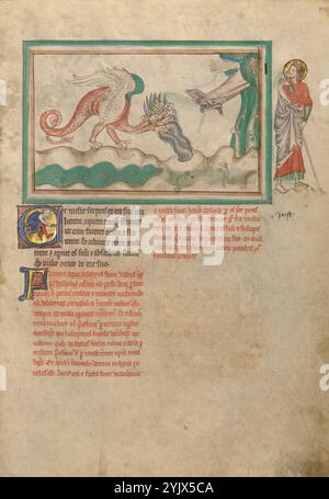 Il drago lancia l'acqua dopo la donna vestita al sole; Dyson Perrins Apocalypse, intorno al 1255-1260. Informazioni aggiuntive: Arrabbiato che la donna stia scappando, "il serpente gettò fuori dalla sua bocca l'acqua come un fiume, dopo la donna, in modo che potesse farla trasportare via dal fiume". (Apocalisse 12:15) nella miniatura, solo la parte inferiore dell'abito della donna, i suoi piedi e il bordo di un'ala sono visibili mentre vola via giusto nel tempo, oltre lo spazio della cornice della miniatura. Secondo il testo, la terra stessa aiuta la donna assorbendo gran parte dell'acqua. Foto Stock