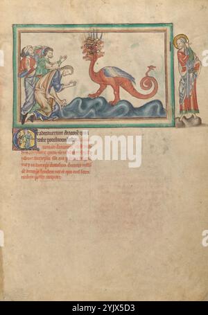 The Adoration of the Beast; Dyson Perrins Apocalypse, circa 1255-1260. Informazioni aggiuntive: L'illuminatore qui ha scelto di enfatizzare il tema della perversione dei valori sulla terra descritti nell'Apocalisse. Prendendo ispirazione dalle prime due righe di testo sulla pagina, et adoraverunt dracone[m] quia dedit potestatem bestie (e adoravano il drago che diede potere alla bestia), l'artista mostrò la gente sulla terra che si inchinava davanti al drago, un simbolo di Satana. Foto Stock