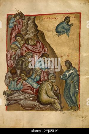 The Agony in the Garden; Vangelo, fine XIII secolo. Informazioni aggiuntive:inserita nel Vangelo di Matteo, la miniatura a tutta pagina dell'Agonia nel Giardino rappresenta uno dei momenti più potenti ed emotivi della passione di Gesù. Dopo il pasto pasquale, Gesù e i suoi apostoli si ritirano nel Giardino del Getsemani, dove Gesù preannuncia il tradimento di San Pietro. Gesù chiede quindi ai suoi discepoli più stretti di rimanere svegli con lui, ma più tardi, mentre prega, gli apostoli si addormentano. L'artista rappresenta Gesù due volte in miniatura: Una volta si confronta con Pietro in fondo all'immagine e poi prega Foto Stock