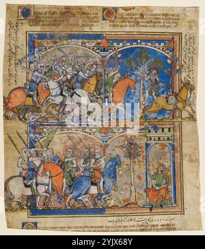 Scene della vita di Assalonne; Morgan Picture Bible, circa 1250. Informazioni aggiuntive: Il retro della foglia della Morgan Picture Bible continua la storia di Davide e del suo figlio ribelle Assalonne. In alto a sinistra, gli eserciti di Davide e Assalonne si incontrano in una feroce battaglia. Cavalli e cavalieri si sovrappongono nella confusione del combattimento, con i cavalieri che alzano le armi sopra la testa, pronti a colpire. Nella scena successiva a destra, i capelli di Assalonne si incastrano sui rami di un albero mentre il suo mulo passa sotto di esso. Approfittando della situazione, i servi di Davide perforano l'indifeso Absalo Foto Stock