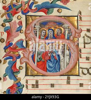 Iniziale S: Pentecoste, circa 1394-1402. Taglio da un libro del coro. Ulteriori informazioni: Questa illuminazione mostra la Pentecoste, il momento in cui lo Spirito Santo scende sui dodici apostoli per dare loro la capacità di parlare lingue straniere in modo che possano predicare in tutto il mondo. Anche se tutti e dodici gli apostoli sono mostrati, a volte solo una fronte o un pizzico di naso indica il corpo. Lo stile narrativo dell'artista, Niccol&#xf2; da Bologna, era spesso affollato e intenso. Le sue solide figure squat sono compresse nel piccolo spazio dell'iniziale, sovrapponendosi l'una all'altra. Questo cutti Foto Stock