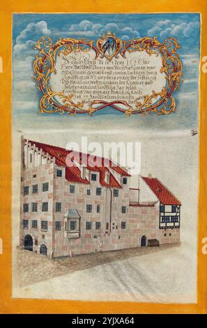 La residenza di Norimberga della famiglia Derrer, intorno al 1626-1711. Informazioni aggiuntive: Questa immagine di un'imponente tenuta a Norimberga, in Germania, appare alla fine di una serie di ritratti della famiglia Derrer nella loro genealogia illustrata. La casa mostra la struttura in legno per metà in legno che si trova comunemente nell'architettura tedesca a partire dal XII secolo. Questa registrazione visiva di una delle imponenti case dei Derrers fu un modo efficace per preservare la reputazione della famiglia molto tempo dopo la morte dei suoi membri e la successiva ristrutturazione dei loro edifici. Genealogia della famiglia Derrer. Foto Stock