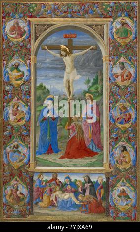 Leaf from the Missal of Innocenzo VIII, 1484-1492. Informazioni aggiuntive: Questa foglia vividamente dipinta di un grande messale, creato per Papa Innocenzo VIII e utilizzato per celebrare la messa nella Cappella Sistina del Vaticano, raffigura il momento determinante del cristianesimo, quando Cristo sacrificò volontariamente la sua vita per rendere la salvezza eterna una possibilità per i veri credenti. Mostrato attraverso una finestra illusionistica, Cristo pende dalla croce, un cielo cupo che mette in scena la scena emotiva mentre le figure lamentanti della Vergine Maria, San Giovanni e Maria Maddalena esprimono il loro dolore sotto di lui. Sotto la Crocifissione Foto Stock