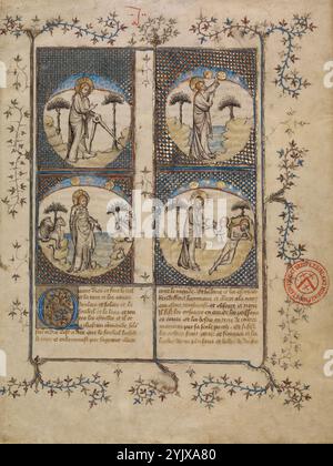 Foglie da Histoire ancienne jusqu'&#xe0; C&#xe9;sar, circa 1390-1400. Informazioni aggiuntive: Una raccolta storica medievale basata sulla Bibbia e sulle opere di autori classici, il testo francese della storia antica fino al regno di Cesare (Histoire ancienne jusqu'&#xe0; C&#xe9;sar) aveva lo scopo di spiegare il significato morale degli eventi storici ai lettori laici. Originariamente concepito come una storia universale che si estende dalla creazione del mondo fino ai primi anni del 1200, il lavoro mai completato termina durante il regno di Cesare. Foto Stock