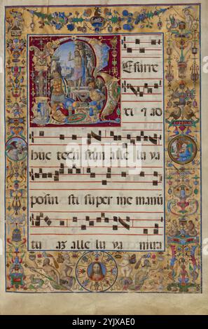 R iniziale: La Risurrezione, fine XV o inizio XVI secolo. Informazioni aggiuntive: Una grande R iniziale ornamenta la pagina più elaborata del graduale e segna l'introito per la Pasqua, il canto cantato dal coro mentre il sacerdote entra nella chiesa. All'interno della lettera, Gesù si erge in cima al suo sarcofago, dando il segno sacerdotale di benedizione mentre regge una croce con uno stendardo, un segno tradizionale della sua risurrezione. Sotto di lui, diverse guardie romane si risvegliano dal sonno. Una lunga vista si estende in lontananza per includere un monastero. Al bordo, motivi decorativi e figurativi derivati dall'anti classico Foto Stock