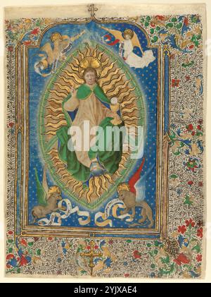 Cristo in Maestà, circa 1460. Ulteriori informazioni: Vestita con abiti scorrevoli di ocra e verde brillante, la forma monumentale di Cristo domina questa foglia di un messale. La miniatura ha preceduto l'apertura del testo per il canone della messa, durante il quale il sacerdote prepara pane e vino per l'Eucaristia. La composizione segue il modello tradizionale di Cristo in Maestà, con Cristo seduto sull'arco del cielo e all'interno di una mandorla. Egli tiene un calice sul quale sorge l'ospite, un riferimento alla celebrazione dell'Eucaristia. I raggi stilizzati di luce che emanano dalla forma di Cristo crea Foto Stock