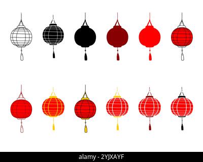 Set di tradizionali lanterne rosse rotonde in diversi stili. Illustrazione Vettoriale