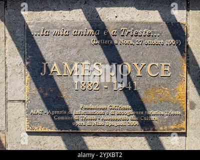 Trieste, Italia - 26 giugno 2024: Primo piano della targa con testo sulla statua di James Joyce in bronzo sul Ponte di via Roma sul Canal grande Foto Stock