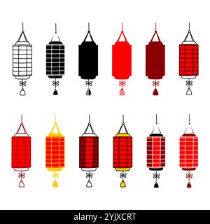 Lanterna rossa rettangolare in carta con nodo e nappina. Set di stili e colori diversi. Illustrazione Vettoriale