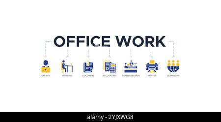 Concetto di illustrazione vettoriale dell'icona Web del banner di lavoro per ufficio con l'icona del responsabile, del lavoro, del documento, della contabilità, dell'amministrazione, stampante, lavoro di squadra Illustrazione Vettoriale