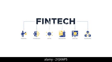 Concetto di illustrazione vettoriale di icone Web per banner Fintech con icona di finanza, tecnologia, digitale, contabilità, analisi, e blockchain Illustrazione Vettoriale