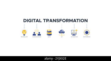 Concetto di illustrazione vettoriale di icone Web per banner di trasformazione digitale con icona di tecnologia, comunicazione, dati Illustrazione Vettoriale