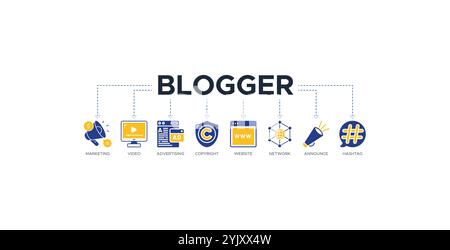 Concetto di illustrazione vettoriale di icone Web per banner blogger con icone di marketing, video, pubblicità, copyright, sito Web, rete Illustrazione Vettoriale