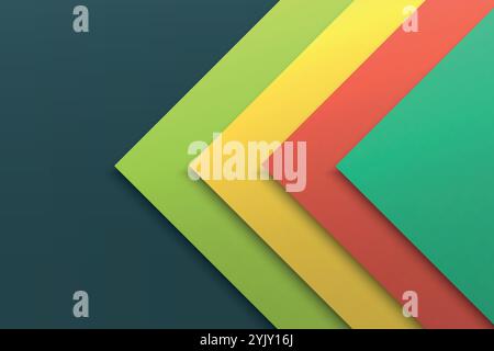 Moderno design astratto con strati di colore blu, pesca, giallo e verde su sfondo scuro. Illustrazione Vettoriale