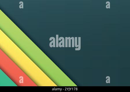 Moderno design astratto con strati di colore blu, pesca, giallo e verde su sfondo scuro. Illustrazione Vettoriale