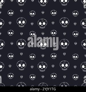 Motivo senza cuciture con graziosi teschi di Halloween disegnati a mano Illustrazione Vettoriale