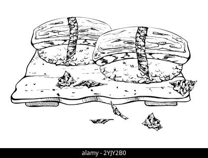 Sushi nigiri di cibo giapponese su piatto di ceramica con omelette tamagoyaki su palla di riso, fiocchi nori, disegnati a mano in penna vettoriale e inchiostro. Illustrazione per Illustrazione Vettoriale