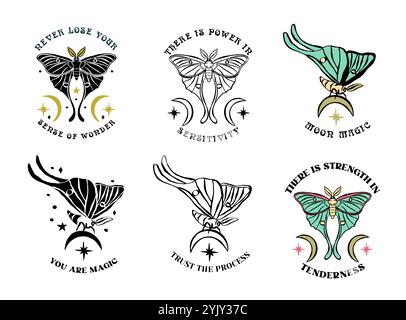 Le illustrazioni disegnate a mano di luna sono corredate da citazioni ispiratrici Illustrazione Vettoriale