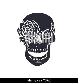 Teschio umano floreale disegnato a mano nero con rosa e silhouette a occhio isolata su sfondo bianco Illustrazione Vettoriale