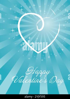 Biglietto di San Valentino blu e bianco con un cuore sopra. La tessera è decorata con stelle e riporta la scritta "buon San Valentino". Happ Illustrazione Vettoriale