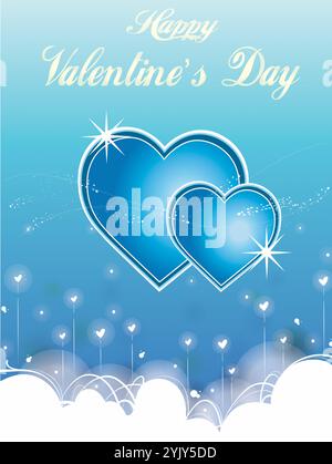 Cuore blu con sfondo bianco con le parole Happy Valentine's Day scritte in bianco. Il cuore blu è circondato da nuvole bianche e stelle. Happ Illustrazione Vettoriale