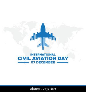 Giornata internazionale dell'aviazione civile 7 dicembre, celebrazione della giornata internazionale dell'aviazione civile. design piatto. design del volantino. Aeroplano bianco e globo in bianco Illustrazione Vettoriale