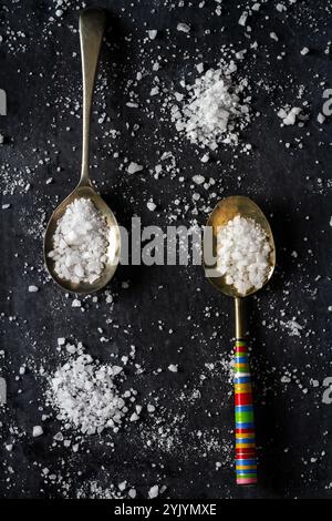 Vista dall'alto di un cucchiaio con sale marino a grana grossa su sfondo nero. Posizione piatta. Vista dall'alto. Concetto alimentare. Foto Stock