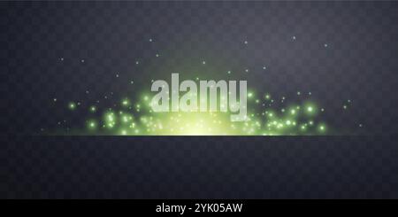 Lensflare orizzontale verde. La luce lampeggia con raggi o luce verde. Effetto luce soffusa. Illustrazione vettoriale. Isolato su trasparente scuro Illustrazione Vettoriale