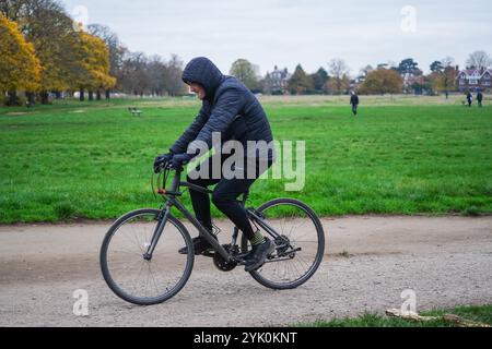 Londra, Regno Unito. 16 novembre 2024 Un ciclista in sella a Wimbledon common, a sud-ovest di Londra, in una giornata fredda con il calare delle temperature. Il MET Office ha avvisi di neve e ghiaccio a partire dalla domenica, poiché in gran parte del Regno Unito si verificano condizioni di freddo. Credito. Amer Ghazzal/Alamy Live News Foto Stock