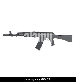 Un fucile d'assalto nero è esposto su un semplice sfondo bianco, sottolineandone il design. Foto Stock
