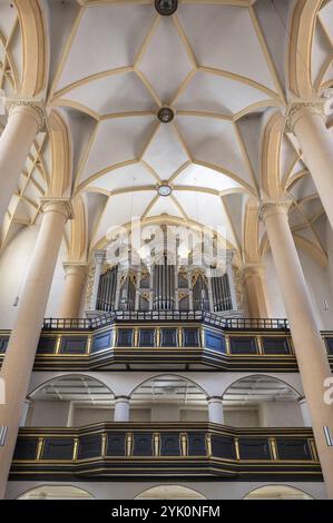 Loft d'organo, organo costruito nel 1751 dall'organaro Johann Philipp Seuffert, chiesa di San Vito, XVI secolo, Iphofen, bassa Franconia, Baviera, tedesco Foto Stock