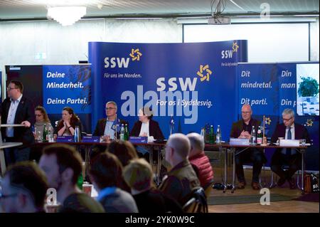 Harrislee, Schleswig-Holstein Landesparteitag SSW a Harrislee, SSW-Vorstand. Aufnahme vom 16.11.2024, Harrislee, Kreis Schleswig-Flensburg *** Harrislee, Schleswig Holstein SSW conferenza partito di stato ad Harrislee, SSW foto dal 16 11 2024, Harrislee, Schleswig distretto di Flensburg Foto Stock