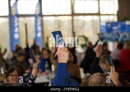 Harrislee, Schleswig-Holstein Landesparteitag SSW a Harrislee, Mitglieder halten Stimmzettel hoch. Aufnahme vom 16.11.2024, Harrislee, Kreis Schleswig-Flensburg *** Harrislee, Schleswig Holstein SSW conferenza del partito di stato ad Harrislee, membri in attesa di schede elettorali foto scattata il 16 11 2024, Harrislee, Schleswig distretto di Flensburg Foto Stock