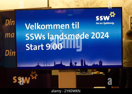 Harrislee, Schleswig-Holstein Landesparteitag SSW in Harrislee, Aufnahme vom 16.11.2024, Harrislee, hier: Bildschirm mit Info. Kreis Schleswig-Flensburg *** Harrislee, Schleswig Holstein conferenza del partito di stato SSW ad Harrislee, registrazione dal 16 11 2024, Harrislee, qui schermata con info distretto Schleswig Flensburg Foto Stock