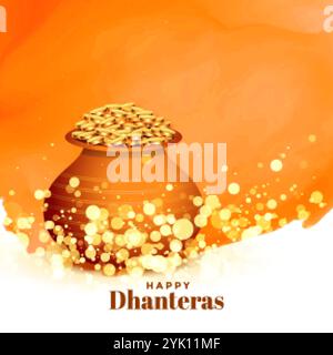 Bella felice festival dhanteras card con moneta in oro pot Illustrazione Vettoriale