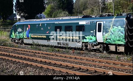 GWR Paddington in Perù, treno che pubblicizza l'uscita del terzo film di Paddington, visto qui alla stazione di Totnes, South Devon. Foto Stock