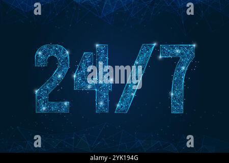 Immagine blu astratta isolata del cartello aperto 24 ore su 24, 7 giorni su 7. L'illustrazione poligonale a reticolo in polietilene basso assomiglia a stelle nel cielo notturno nero Illustrazione Vettoriale
