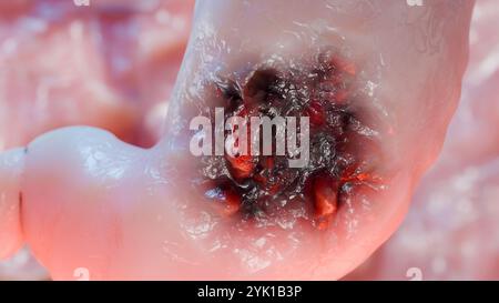 Cancro allo stomaco. Stadi crescita tumorale nell'apparato digerente, anatomia dell'ulcera peptica, cellula di attacco del cancro. concetto di malattia gastrica. sintomi, può maligno Foto Stock