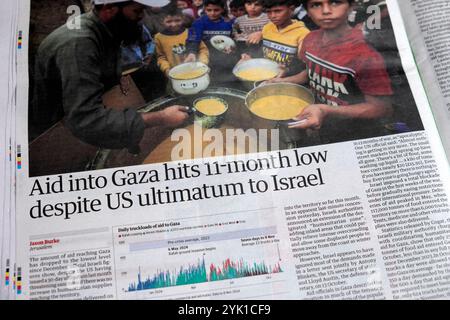 "Gli aiuti a Gaza raggiungono il minimo dell'undicesimo mese nonostante l'ultimatum degli Stati Uniti a Israele", il quotidiano Guardian scrive: "La guerra palestinese israeliana, articolo 12 novembre 2024 Regno Unito Foto Stock