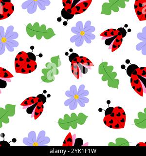 motivo senza cuciture con foglie di coccinelle e fiori, disegnati a mano. vettore Illustrazione Vettoriale