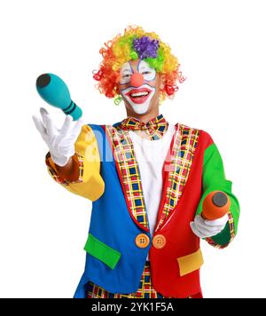 Felice clown che giocherà nei club su sfondo bianco Foto Stock