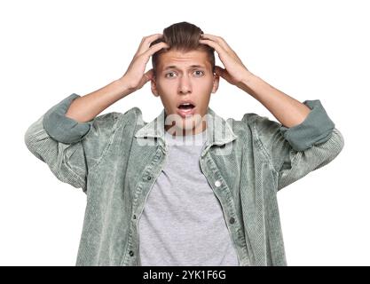 Studente emotivo che ha stress prima dell'esame su sfondo bianco Foto Stock